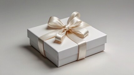 Fototapeta premium White Gift Box with Cream Satin Ribbon.