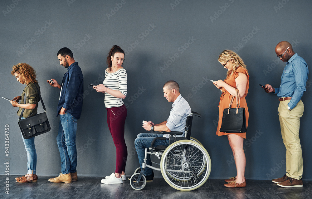 Aufkleber recruitment, people and waiting in line for interview with inclusion, technology and business hiring