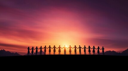 Naklejka premium Silhouette of a group of people holding hands forming a circle symbolizing community growth and unity