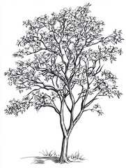 Black and white Vintage engraved art of a dogwood tree, isolated on white background, ink sketch illustration, simple vector art design, highly detailed line art, high contrasty 