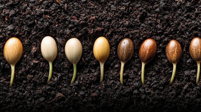 A variety of seeds in different stages of sprouting on fertile soil symbolizing growth and potential