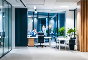 Modern bright office interior with furniture and daylight. Blurred background., ai