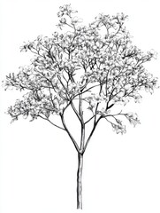 Fototapeta premium Black and white Vintage engraved art of a dogwood tree, isolated on white background, ink sketch illustration, simple vector art design, highly detailed line art, high contrasty