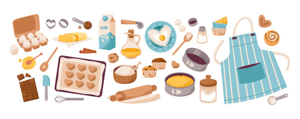 Bakery ingredients set. Homemade cooking, pastry preparation. Flat vector illustration