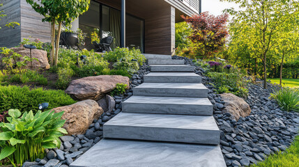 Obraz premium Modern concrete tile steps leading to a minimalist home exterior