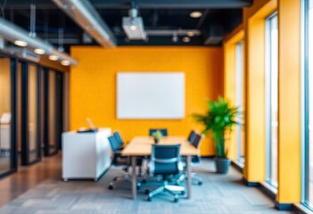 Modern bright office interior with furniture and daylight. Blurred background., ai