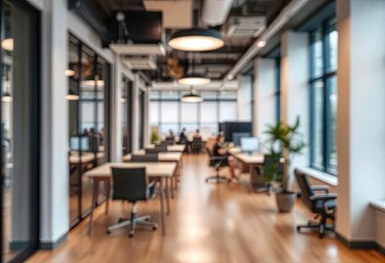 Modern bright office interior with furniture and daylight. Blurred background., ai