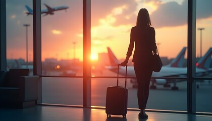Travel by plane, woman passenger waiting in airport, silhouette of passenger watching aircraft taking off