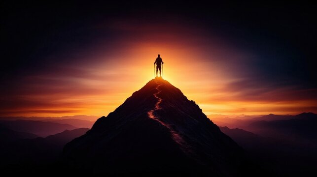 Silhouette of a person hiking on a mountain trail with a sunrise background symbolizing perseverance and growth