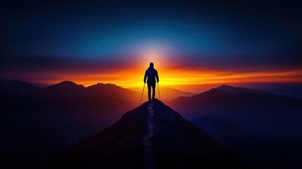 Silhouette of a person hiking on a mountain trail with a sunrise background symbolizing perseverance and growth