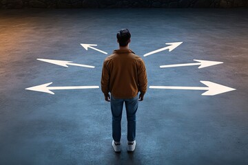 Businessman Standing in Front of Arrows Pointing in Different Directions