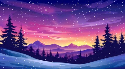 Fototapeta premium Silhouetted Pine Trees Against a Snowy, Purple Sunset Over Mountains