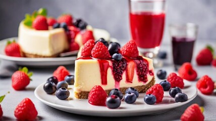 Savor a Cheesecake Slice with Fresh Berries and Red Juice: A Delightful Dessert.