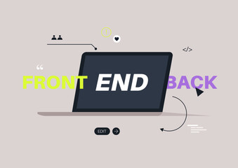 A creative laptop graphic showcasing the concepts of frontend and backend development with dynamic elements representing digital interaction and programming coding
