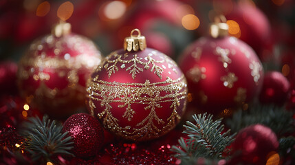 red Christmas ornaments adorned with intricate golden patterns, surrounded by festive greenery and soft, warm bokeh lighting in the background. Generative AI.