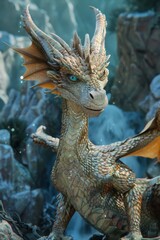 In a magical realm, a crystal dragon guards a treasure trove of sparkling gems.