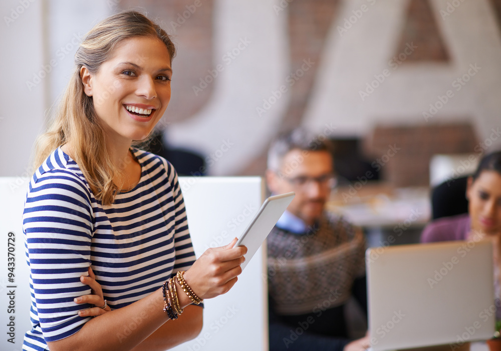 Poster businesswoman, portrait and tablet in office for schedule, planning and online for tasks management.