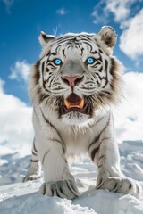 snowy mountains The extreme angle from below captures a white tiger with glowing blue eyes and white fur. Its mouth opened with a ferocious expression.