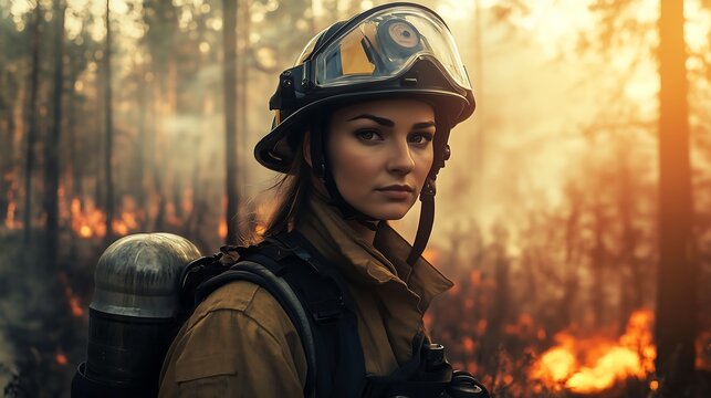 A brave female firefighter stands confidently in protective gear. She is amidst a forest with smoke swirling around, indicating an active wildfire in the background.