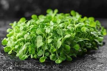 Obraz premium Heap of vibrant green microgreens on a dark surface.