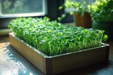 Seedlings in a sunlit wooden tray on a windowsill.