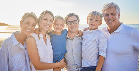 Obraz premium Generations, family and happy at beach on portrait for bonding, care and love in Mauritius. Outdoor, people and smile for support at seaside on holiday, journey and travel for memories and fun