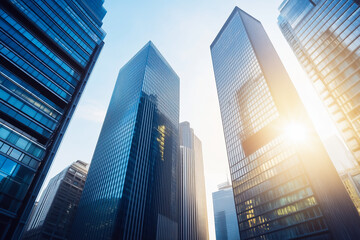 Fototapeta premium High-rise buildings in a bustling city during sunrise