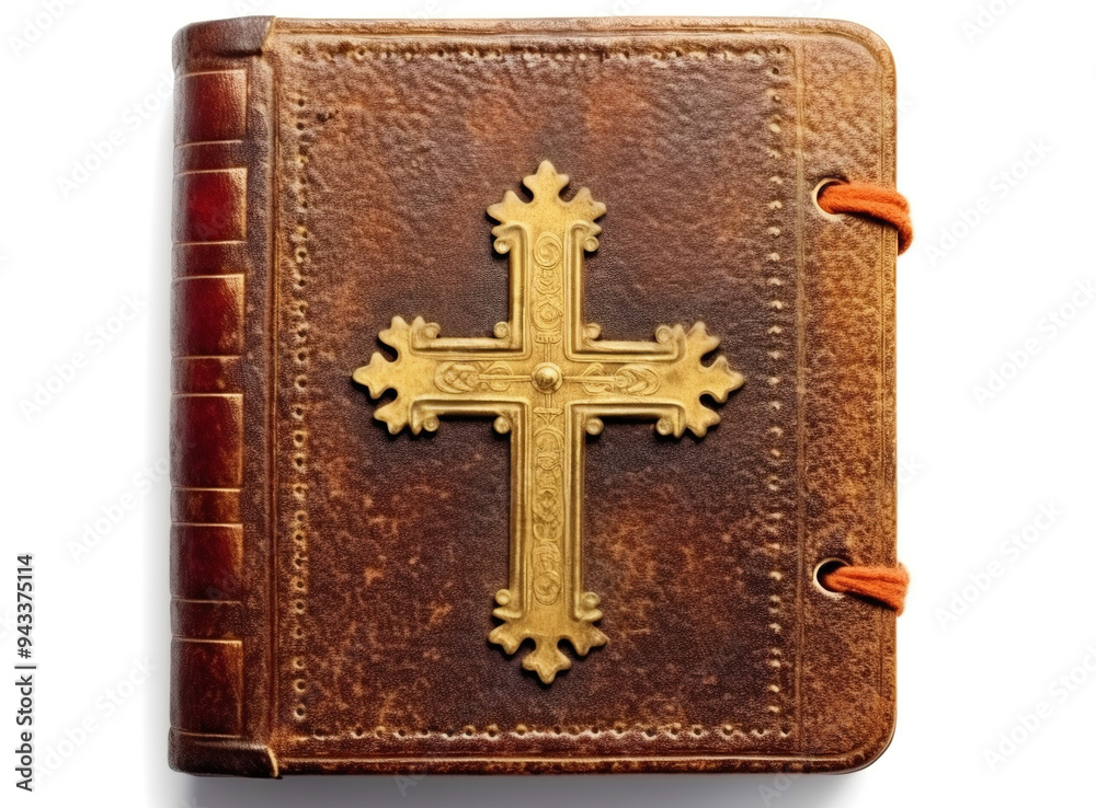 Wall mural Old leather bound bible with golden cross isolated on white background