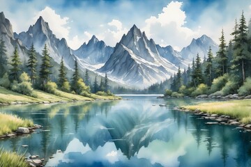 Fototapeta premium Aqwuarell - Wunderschöne Landschaft - Ruhiger Bergsee