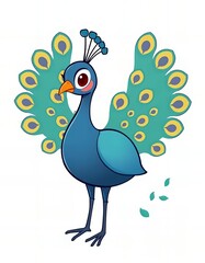 cartoon peacock with blue feathers and yellow tail feathers.