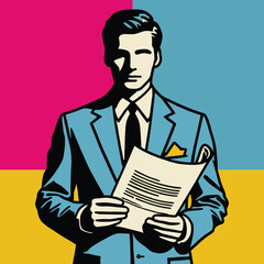 A male actor in a suit in an executive role holds a script.  Vector illustration