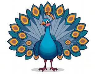 cartoon peacock with blue feathers and orange tail feathers.