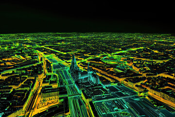 Technical aerial visual, 3D LiDAR GIS aerial map satellite scan model isolated, showing Amiens, France. Elevation, topography, render