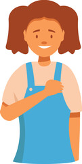 Fototapeta premium Smiling young girl is holding her hand on her chest, making a promise gesture