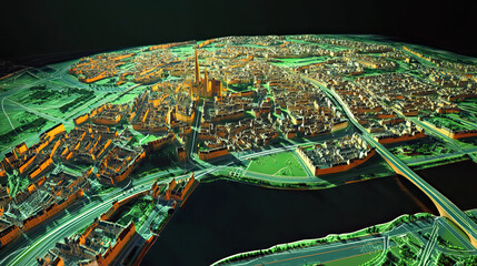 Technical aerial visual, 3D LiDAR GIS aerial map satellite scan model isolated, showing Amiens, France. Elevation, topography, render