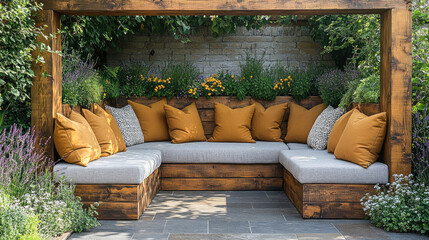 Wooden pergola providing shelter from the sun in a lush garden