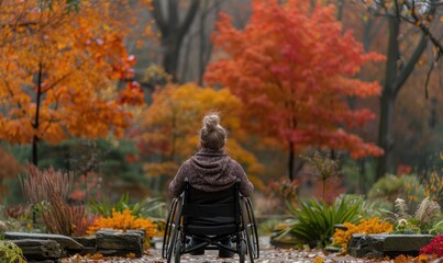 Black disabled woman in wheelchair meditating outdoors in lotus position. Breathing fresh air. Wellness mental health in african american females with disabilities