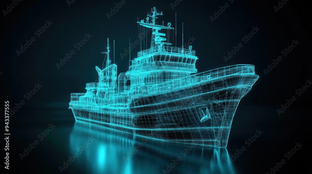 Sticker Wireframe Model of a Ship in Blue