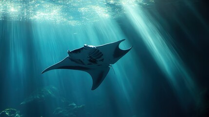 Manta Ray Swimming Through Sunbeams