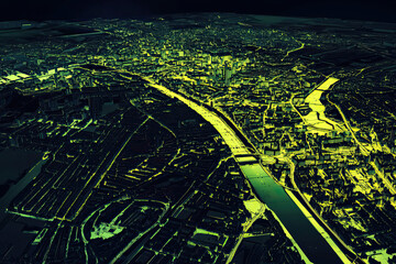 Technical aerial visual, 3D LiDAR GIS aerial map satellite scan model isolated, showing Amiens, France. Elevation, topography, render