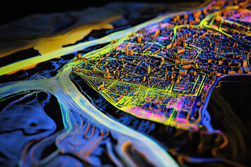 Technical aerial visual, 3D LiDAR GIS aerial map satellite scan model isolated, showing Amiens, France. Elevation, topography, render