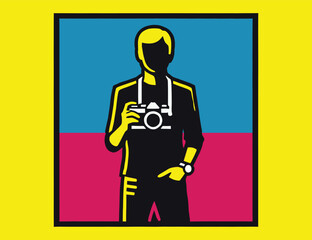 A photographer is holding a camera and preparing to take a photo. Vector illustration
