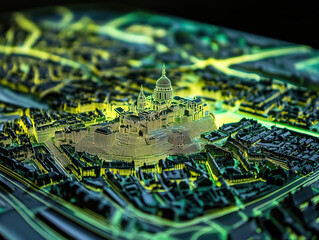 Technical aerial visual, 3D LiDAR GIS aerial map satellite scan model isolated, showing Amiens, France. Elevation, topography, render