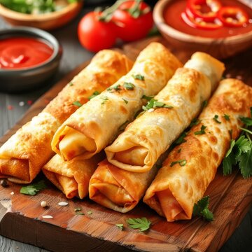 Crispy Fried Spring Rolls with Dipping Sauces on Wooden Board, Appetizing Snack or Party Food