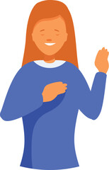 Smiling woman putting her right hand on her chest making promise gesture, honesty and loyalty concept