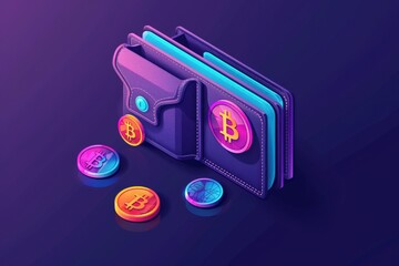 Naklejka premium A digital wallet with Bitcoin cryptocurrency coins spilling out, against a purple background