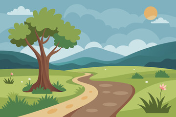 Serene Countryside 2D Animation Scene with Muddy Road & Tree - Calm Natural Landscape Vector, SVG, Cricut, Clipart