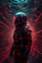 Fototapeta premium An astronaut stands against a backdrop of vibrant red light and intricate cosmic web patterns in deep space