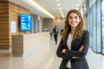 Fototapeta premium photo of a smiling receptionist in a sleek office building, greeting visitors with a friendly demeanor, with modern decor and digital displays in the background