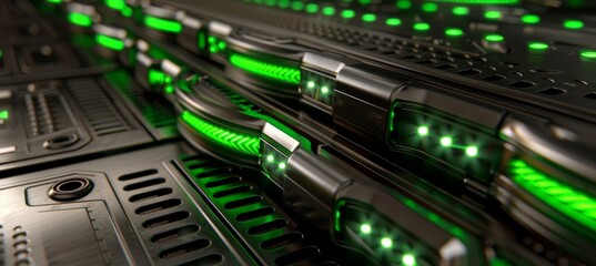 Close-Up of Circuit Board and Server Rack with LED Lights, Futuristic Technology, Big Data Concept
